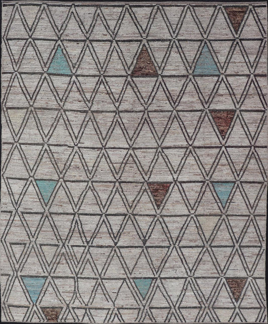 Large Moroccan Style Distressed Modern Rug in Diamond and Triangle Design. Modern Hand - Knotted Rug in Wool with All - Over Triangle Geometric Tribal Design in Off White, Brown, Light Teal and neutrals. Keivan Woven Arts; rug SNK - 1149, country of origin /... - Keivan Woven ArtsSNK - 1149 - 21433
