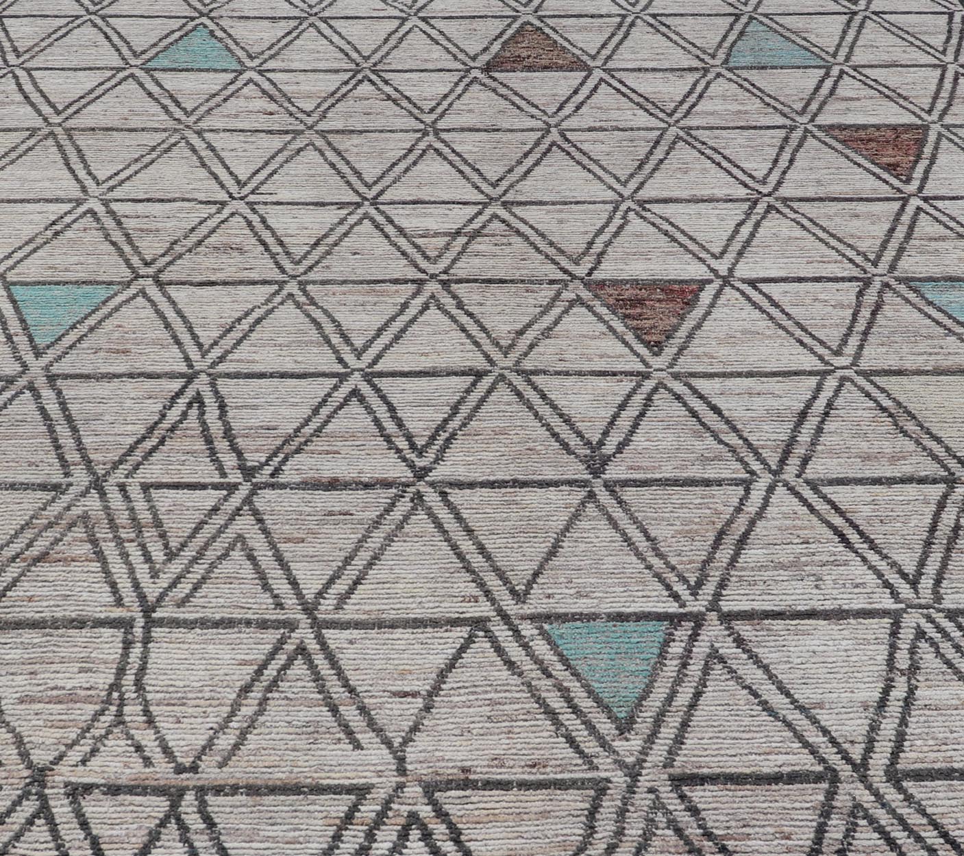 Large Moroccan Style Distressed Modern Rug in Diamond and Triangle Design. Modern Hand - Knotted Rug in Wool with All - Over Triangle Geometric Tribal Design in Off White, Brown, Light Teal and neutrals. Keivan Woven Arts; rug SNK - 1149, country of origin /... - Keivan Woven ArtsSNK - 1149 - 21433