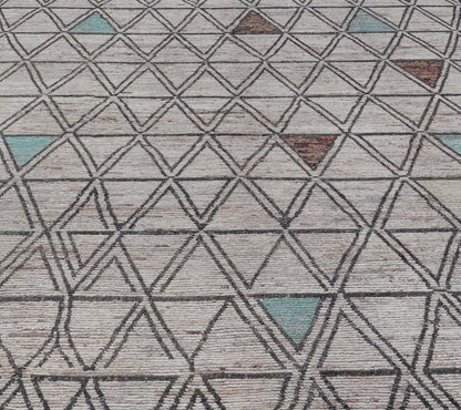 Large Moroccan Style Distressed Modern Rug in Diamond and Triangle Design. Modern Hand - Knotted Rug in Wool with All - Over Triangle Geometric Tribal Design in Off White, Brown, Light Teal and neutrals. Keivan Woven Arts; rug SNK - 1149, country of origin /... - Keivan Woven ArtsSNK - 1149 - 21433