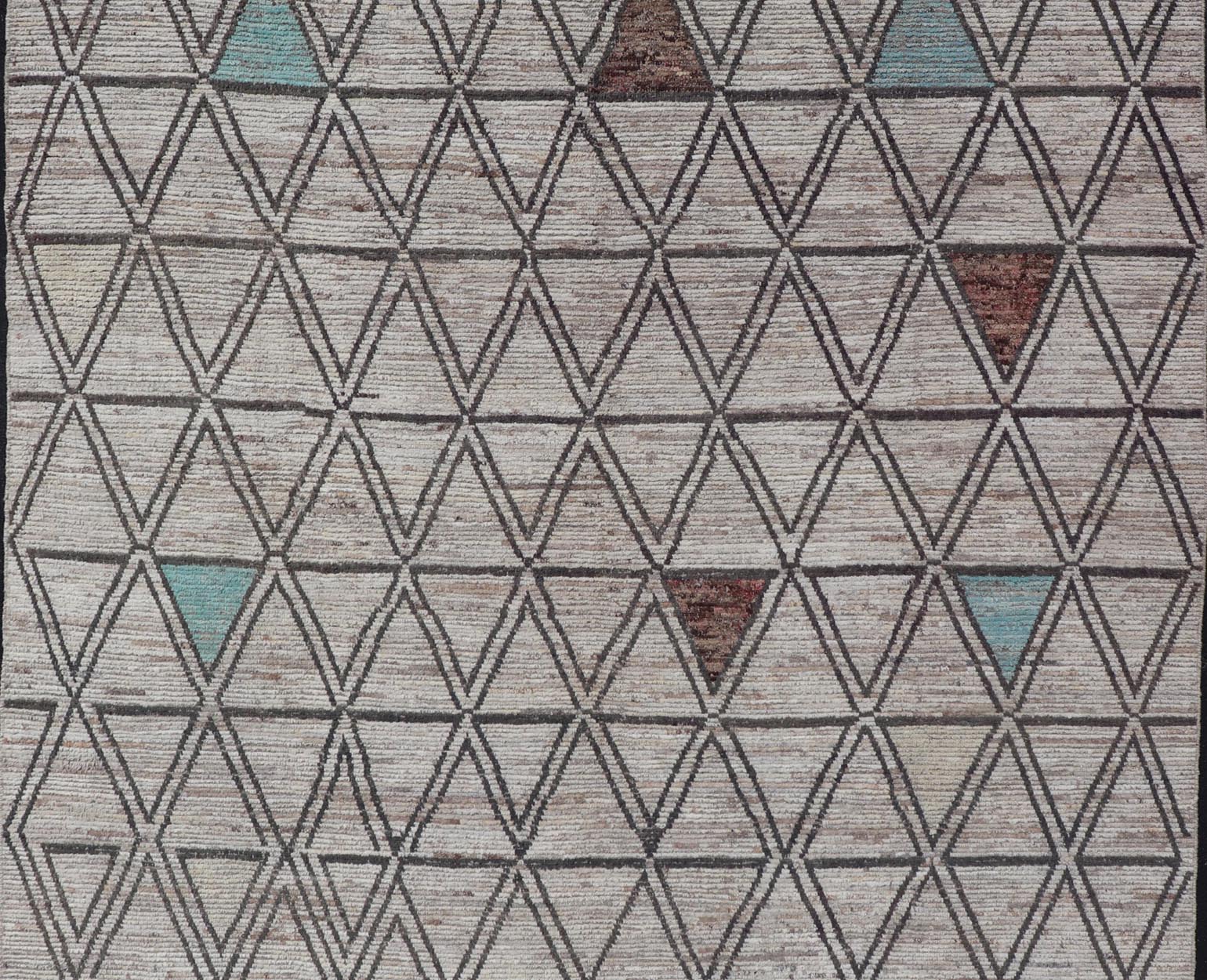 Large Moroccan Style Distressed Modern Rug in Diamond and Triangle Design. Modern Hand - Knotted Rug in Wool with All - Over Triangle Geometric Tribal Design in Off White, Brown, Light Teal and neutrals. Keivan Woven Arts; rug SNK - 1149, country of origin /... - Keivan Woven ArtsSNK - 1149 - 21433