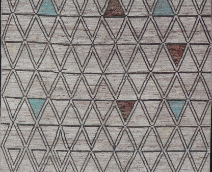Large Moroccan Style Distressed Modern Rug in Diamond and Triangle Design. Modern Hand - Knotted Rug in Wool with All - Over Triangle Geometric Tribal Design in Off White, Brown, Light Teal and neutrals. Keivan Woven Arts; rug SNK - 1149, country of origin /... - Keivan Woven ArtsSNK - 1149 - 21433