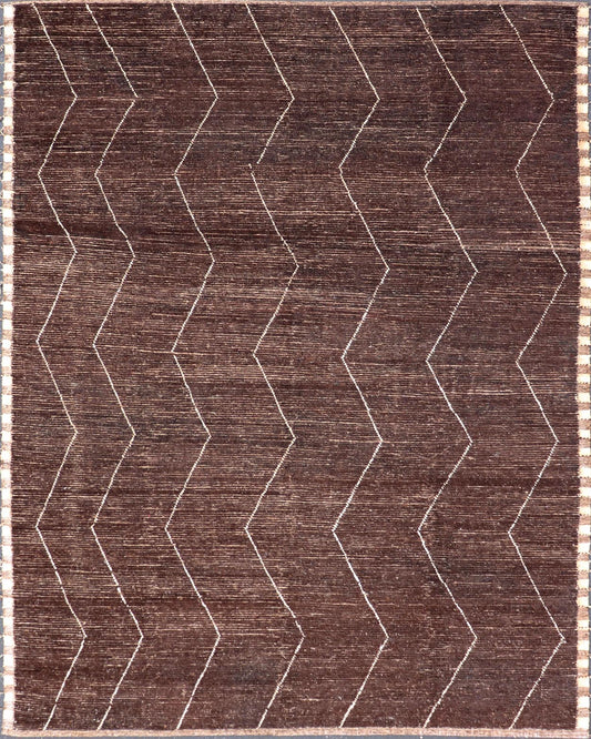 Brown Modern Causal Contemporary Rug in Moroccan Zig - Zag Design In Cream. Keivan Woven Arts / rug SNK - 1810, country of origin / type: Afghanistan / Modern Casual, circa Early - 21th Century. Measures:9'1 x 12'0 This modern casual rug has been hand... - Keivan Woven ArtsSNK - 1810 - 23139