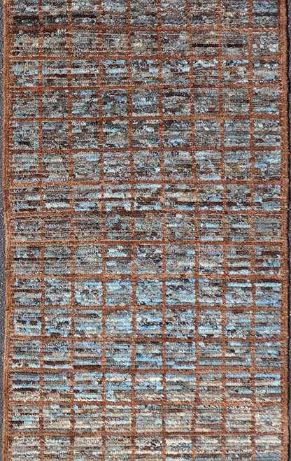 Keivan Woven Arts Modern runner in distressed Moroccan Squared design with Blue Measures: 2'9 x 9'8 Keivan Woven Arts Modern Casual Afghan Tribal Runner. Keivan Woven Arts/ rug SNK - 1840 Country of Origin: Afghanistan Type: Modern Casual ... - Keivan Woven ArtsSNK - 1840 - 27670Rug