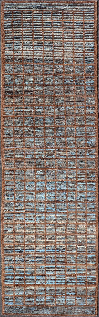 Keivan Woven Arts Modern runner in distressed Moroccan Squared design with Blue Measures: 2'9 x 9'8 Keivan Woven Arts Modern Casual Afghan Tribal Runner. Keivan Woven Arts/ rug SNK - 1840 Country of Origin: Afghanistan Type: Modern Casual ... - Keivan Woven ArtsSNK - 1840 - 27670Rug