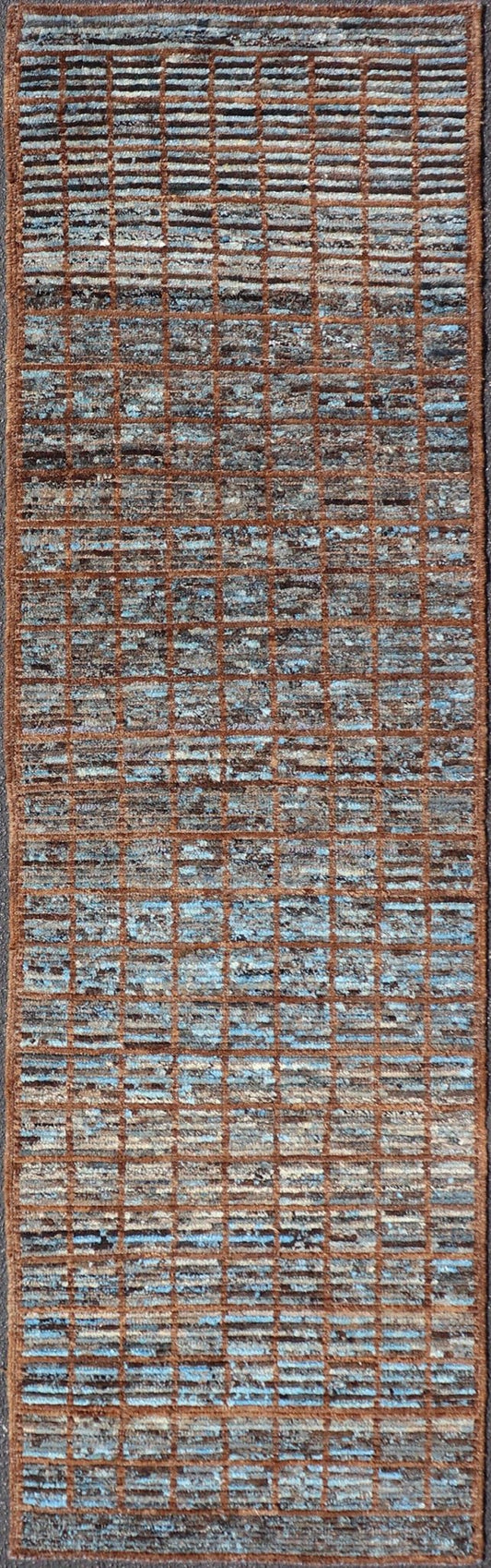 Keivan Woven Arts Modern runner in distressed Moroccan Squared design with Blue Measures: 2'9 x 9'8 Keivan Woven Arts Modern Casual Afghan Tribal Runner. Keivan Woven Arts/ rug SNK - 1840 Country of Origin: Afghanistan Type: Modern Casual ... - Keivan Woven ArtsSNK - 1840 - 27670Rug