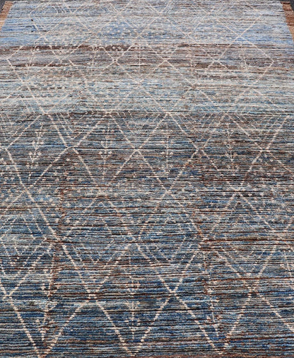 Modern Tribal Rug in Wool with Sub - Geometric Design in Dark Blue, Tan, & Ivory. Keivan Woven Arts / rug SNK - 1907, country of origin / type: Afghanistan / Modern Casual, circa Early - 21th century. Measures: 6'10 x 9'2 This modern casual tribal rug... - Keivan Woven ArtsSNK - 1907 - 23157Rug