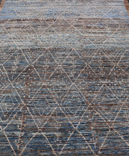 Modern Tribal Rug in Wool with Sub - Geometric Design in Dark Blue, Tan, & Ivory. Keivan Woven Arts / rug SNK - 1907, country of origin / type: Afghanistan / Modern Casual, circa Early - 21th century. Measures: 6'10 x 9'2 This modern casual tribal rug... - Keivan Woven ArtsSNK - 1907 - 23157Rug
