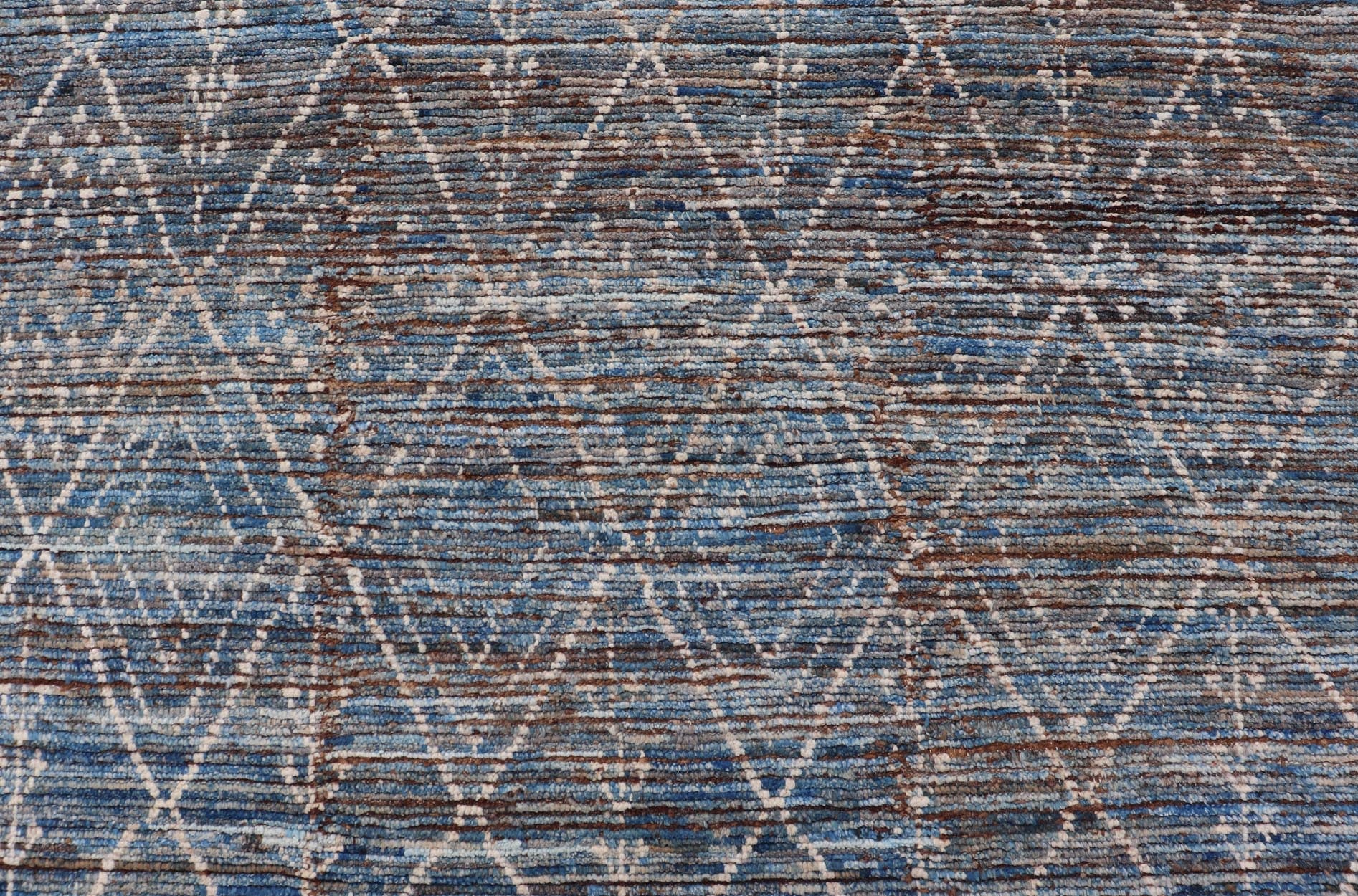 Modern Tribal Rug in Wool with Sub - Geometric Design in Dark Blue, Tan, & Ivory. Keivan Woven Arts / rug SNK - 1907, country of origin / type: Afghanistan / Modern Casual, circa Early - 21th century. Measures: 6'10 x 9'2 This modern casual tribal rug... - Keivan Woven ArtsSNK - 1907 - 23157Rug