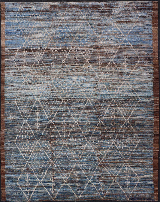 Modern Tribal Rug in Wool with Sub - Geometric Design in Dark Blue, Tan, & Ivory. Keivan Woven Arts / rug SNK - 1907, country of origin / type: Afghanistan / Modern Casual, circa Early - 21th century. Measures: 6'10 x 9'2 This modern casual tribal rug... - Keivan Woven ArtsSNK - 1907 - 23157Rug