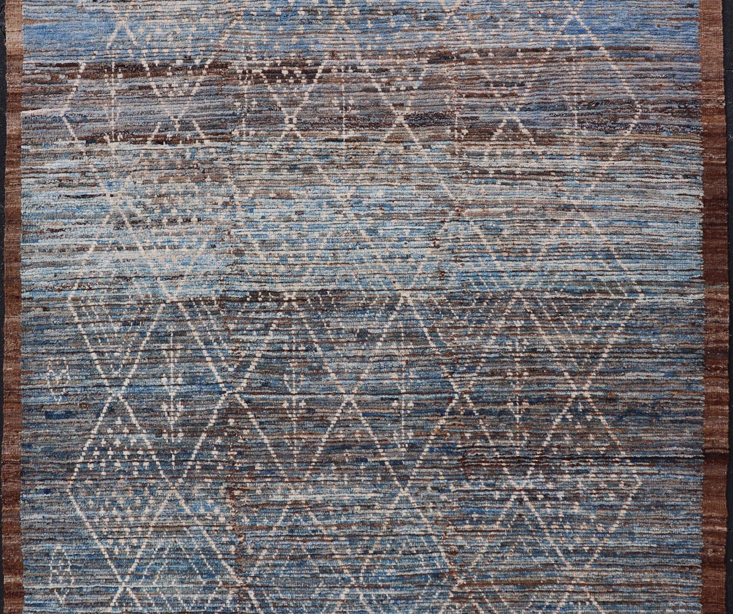 Modern Tribal Rug in Wool with Sub - Geometric Design in Dark Blue, Tan, & Ivory. Keivan Woven Arts / rug SNK - 1907, country of origin / type: Afghanistan / Modern Casual, circa Early - 21th century. Measures: 6'10 x 9'2 This modern casual tribal rug... - Keivan Woven ArtsSNK - 1907 - 23157