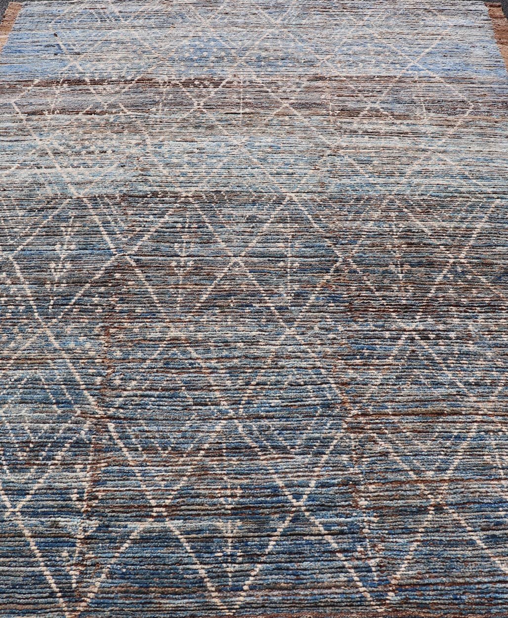 Modern Tribal Rug in Wool with Sub - Geometric Design in Dark Blue, Tan, & Ivory. Keivan Woven Arts / rug SNK - 1907, country of origin / type: Afghanistan / Modern Casual, circa Early - 21th century. Measures: 6'10 x 9'2 This modern casual tribal rug... - Keivan Woven ArtsSNK - 1907 - 23157