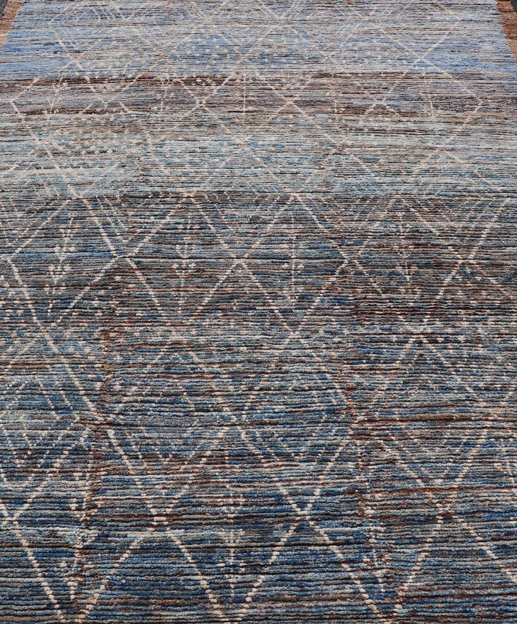 Modern Tribal Rug in Wool with Sub - Geometric Design in Dark Blue, Tan, & Ivory. Keivan Woven Arts / rug SNK - 1907, country of origin / type: Afghanistan / Modern Casual, circa Early - 21th century. Measures: 6'10 x 9'2 This modern casual tribal rug... - Keivan Woven ArtsSNK - 1907 - 23157