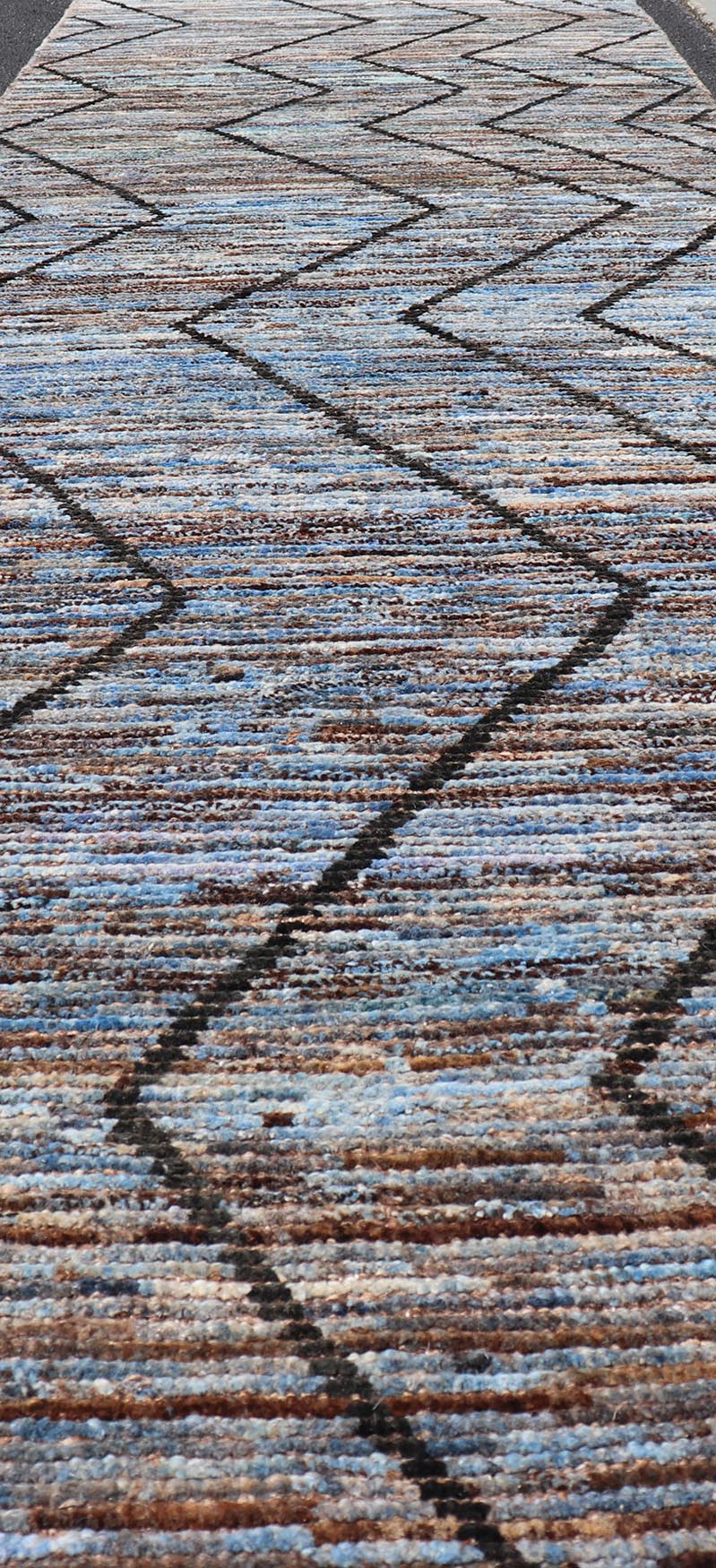 Modern Runner in All - Over Tribal Design in Charcoal, Sky Blue, Blue and Cream. rug SNK - 2269, Keivan Woven Arts country of origin / type: Afghanistan / Modern, condition: new. Measures: 3'0 x 15'8 This runner features a tribal modern design and l... - Keivan Woven ArtsSNK - 2269 - 24306