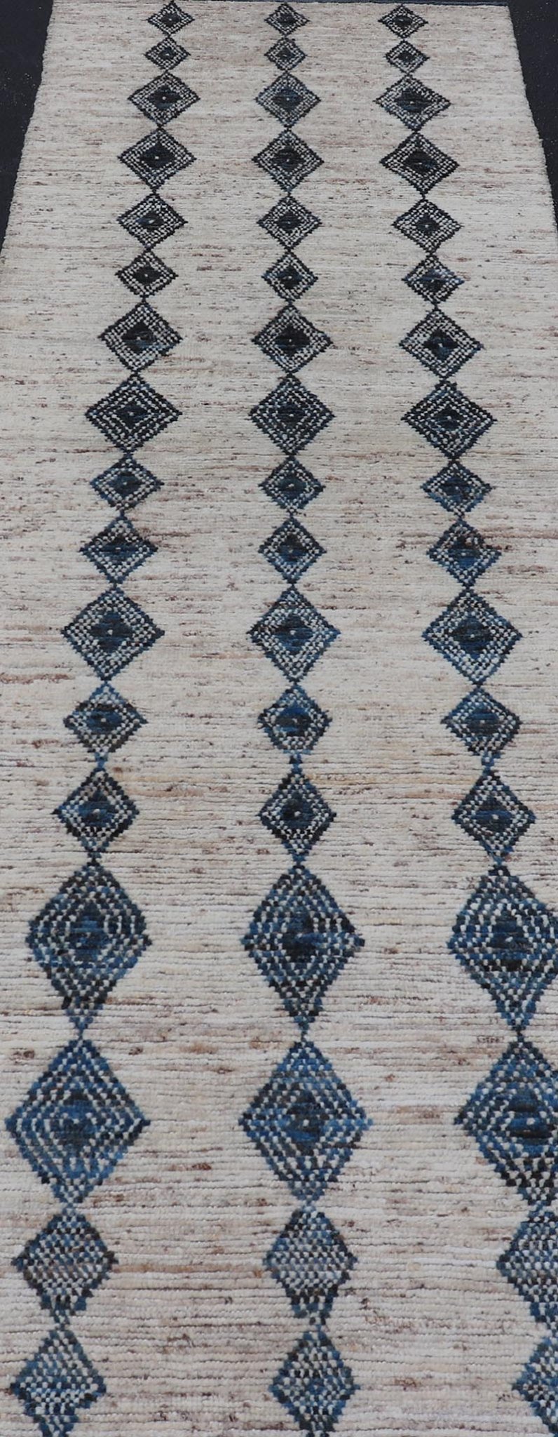 Modern Hand - Knotted Runner in Wool with Diamond Design in Blue and Ivory. Keivan Woven Arts; rug SNK - 2270, country of origin / type: Afghanistan / Modern Casual, circa Early - 21th Century. Measures: 3'1 x 10'1 This modern casual tribal runner has... - Keivan Woven ArtsSNK - 2270 - 24366Rug