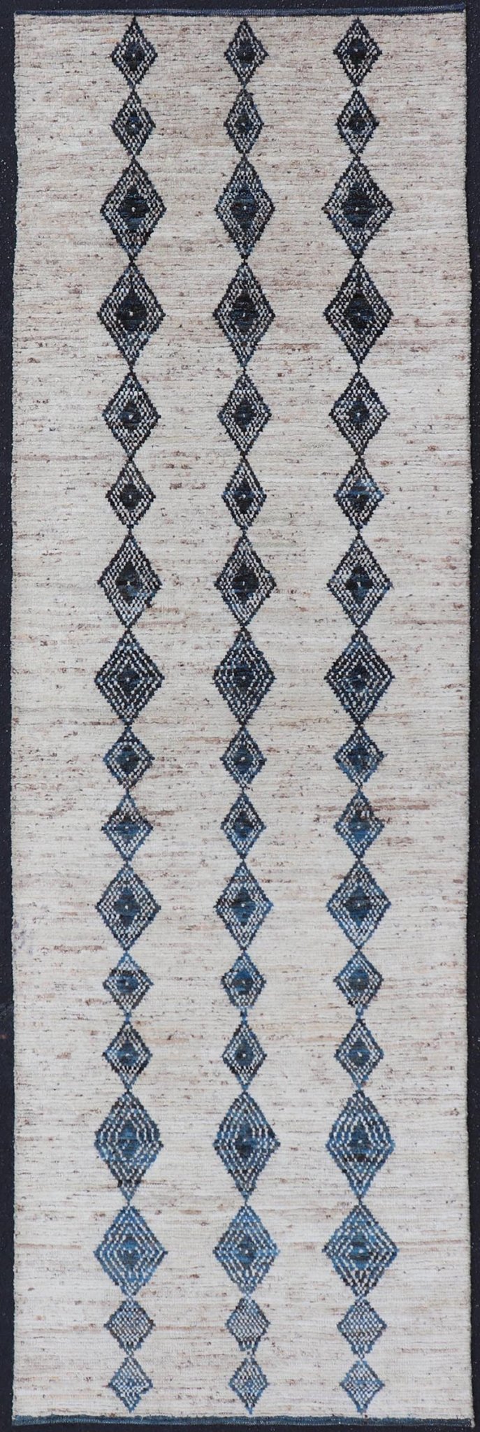 Modern Hand - Knotted Runner in Wool with Diamond Design in Blue and Ivory. Keivan Woven Arts; rug SNK - 2270, country of origin / type: Afghanistan / Modern Casual, circa Early - 21th Century. Measures: 3'1 x 10'1 This modern casual tribal runner has... - Keivan Woven ArtsSNK - 2270 - 24366Rug