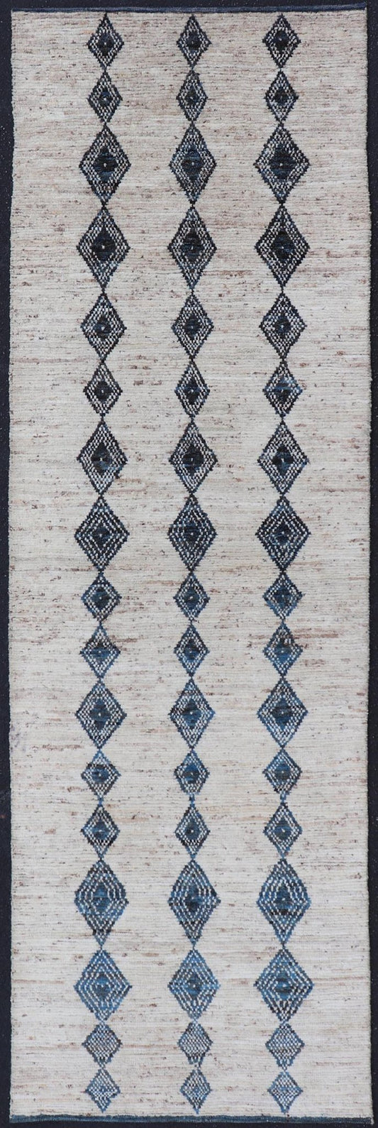 Modern Hand - Knotted Runner in Wool with Diamond Design in Blue and Ivory. Keivan Woven Arts; rug SNK - 2270, country of origin / type: Afghanistan / Modern Casual, circa Early - 21th Century. Measures: 3'1 x 10'1 This modern casual tribal runner has... - Keivan Woven ArtsSNK - 2270 - 24366Rug
