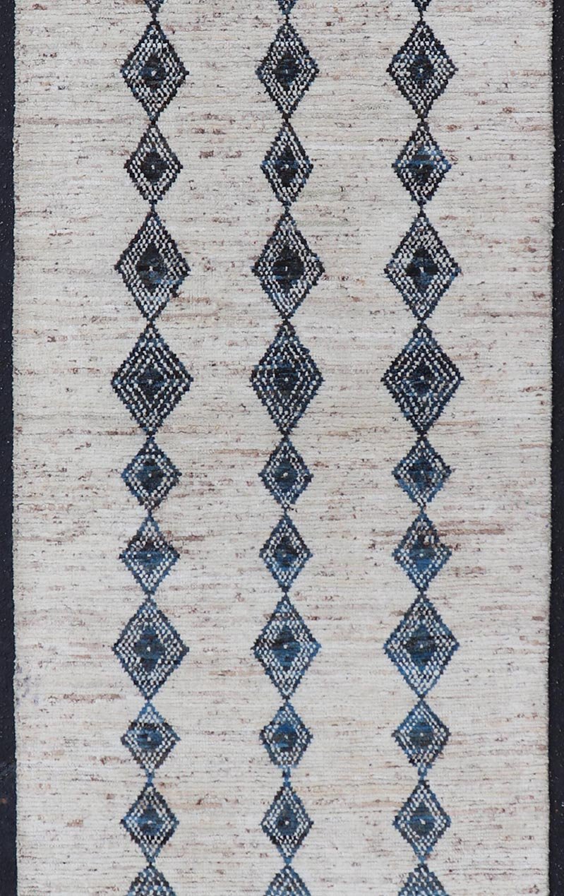 Modern Hand - Knotted Runner in Wool with Diamond Design in Blue and Ivory. Keivan Woven Arts; rug SNK - 2270, country of origin / type: Afghanistan / Modern Casual, circa Early - 21th Century. Measures: 3'1 x 10'1 This modern casual tribal runner has... - Keivan Woven ArtsSNK - 2270 - 24366