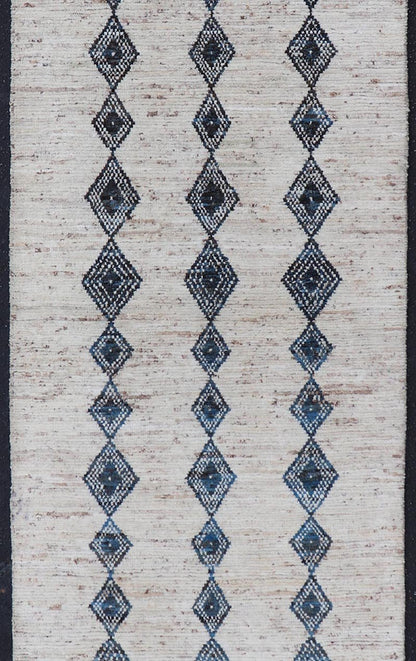 Modern Hand - Knotted Runner in Wool with Diamond Design in Blue and Ivory. Keivan Woven Arts; rug SNK - 2270, country of origin / type: Afghanistan / Modern Casual, circa Early - 21th Century. Measures: 3'1 x 10'1 This modern casual tribal runner has... - Keivan Woven ArtsSNK - 2270 - 24366