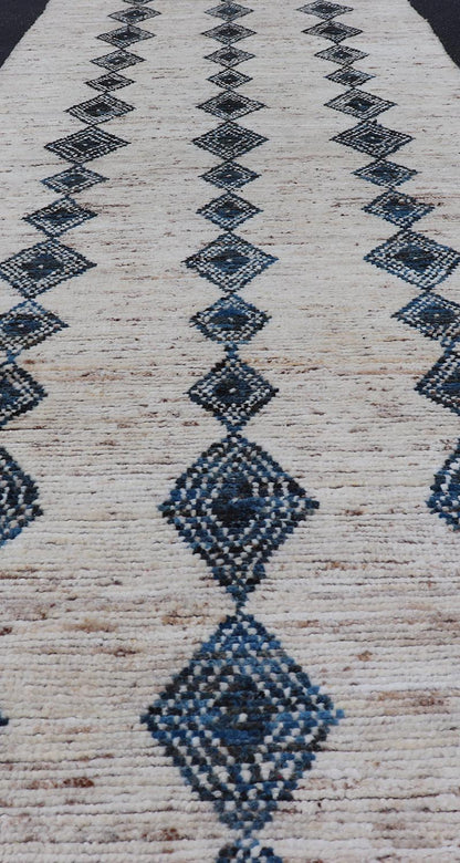 Modern Hand - Knotted Runner in Wool with Diamond Design in Blue and Ivory. Keivan Woven Arts; rug SNK - 2270, country of origin / type: Afghanistan / Modern Casual, circa Early - 21th Century. Measures: 3'1 x 10'1 This modern casual tribal runner has... - Keivan Woven ArtsSNK - 2270 - 24366Rug