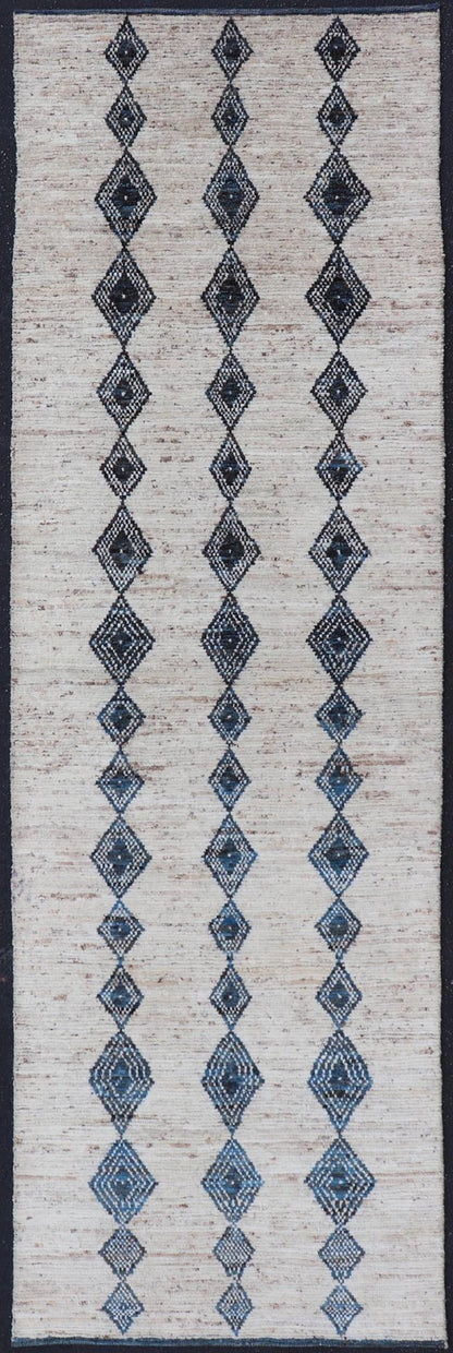 Modern Hand - Knotted Runner in Wool with Diamond Design in Blue and Ivory. Keivan Woven Arts; rug SNK - 2270, country of origin / type: Afghanistan / Modern Casual, circa Early - 21th Century. Measures: 3'1 x 10'1 This modern casual tribal runner has... - Keivan Woven ArtsSNK - 2270 - 24366