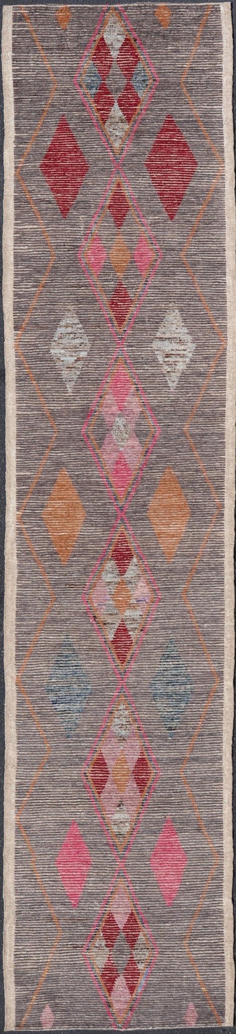 All - Over Modern Tribal Design on a Grey Background with Medallions With Red. Keivan Woven Arts/ rug SNK - 2271, country of origin / type: Afghanistan / Piled, condition: new Measures: 3'4 x 15'11 This runner features a modern all - over modern desig... - Keivan Woven ArtsSNK - 2271 - 24312Rug