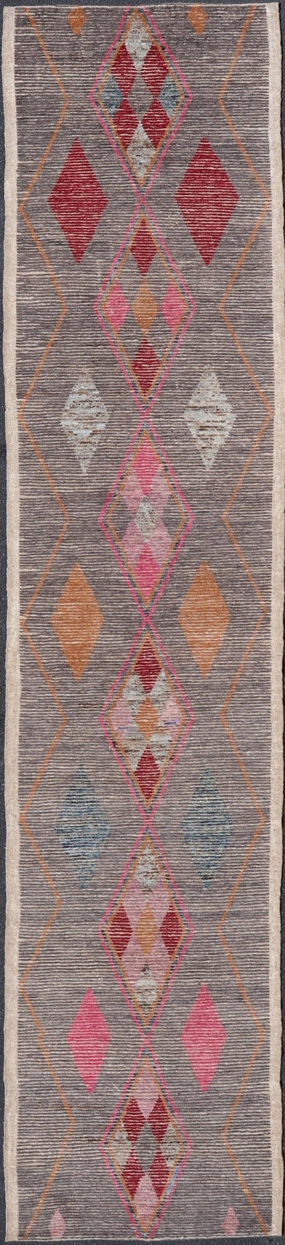 All - Over Modern Tribal Design on a Grey Background with Medallions With Red. Keivan Woven Arts/ rug SNK - 2271, country of origin / type: Afghanistan / Piled, condition: new Measures: 3'4 x 15'11 This runner features a modern all - over modern desig... - Keivan Woven ArtsSNK - 2271 - 24312