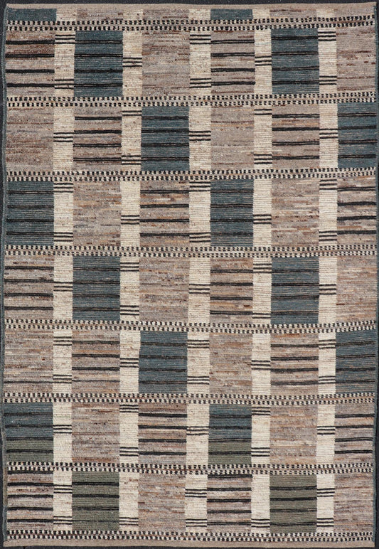Modern Casual Design Tribal Rug with Checkered Pattern in Teal, Cream, and Brown. Keivan Woven Arts / rug SNK - 2313, country of origin / type: Afghanistan / Modern Measures: 5'11 x 9'1 This classic natured Moroccan design rug represents modern cas... - Keivan Woven ArtsSNK - 2313 - 24330Rug