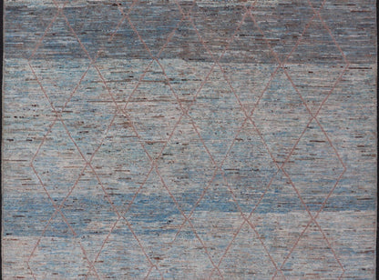 Modern Tribal Rug in Wool with Sub - Geometric Design in Blue, Tan, & Ivory. Keivan Woven Arts / rug SNK - 2369, country of origin / type: Afghanistan / Modern Casual, circa Early - 21th century. Measures: 9'4 x 11'4 This modern casual tribal rug has ... - Keivan Woven ArtsSNK - 2369 - 24378