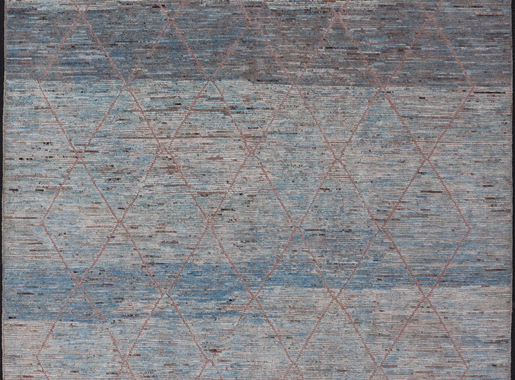 Modern Tribal Rug in Wool with Sub - Geometric Design in Blue, Tan, & Ivory. Keivan Woven Arts / rug SNK - 2369, country of origin / type: Afghanistan / Modern Casual, circa Early - 21th century. Measures: 9'4 x 11'4 This modern casual tribal rug has ... - Keivan Woven ArtsSNK - 2369 - 24378Rug