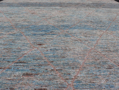 Modern Tribal Rug in Wool with Sub - Geometric Design in Blue, Tan, & Ivory. Keivan Woven Arts / rug SNK - 2369, country of origin / type: Afghanistan / Modern Casual, circa Early - 21th century. Measures: 9'4 x 11'4 This modern casual tribal rug has ... - Keivan Woven ArtsSNK - 2369 - 24378Rug