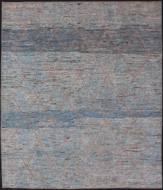 Modern Tribal Rug in Wool with Sub - Geometric Design in Blue, Tan, & Ivory. Keivan Woven Arts / rug SNK - 2369, country of origin / type: Afghanistan / Modern Casual, circa Early - 21th century. Measures: 9'4 x 11'4 This modern casual tribal rug has ... - Keivan Woven ArtsSNK - 2369 - 24378Rug