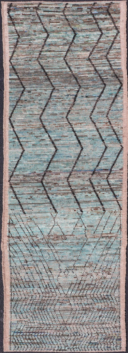 Modern Casual Runner in Wool with Sub - Geometric Modern Design in Teal & Charcoal. Keivan Woven Arts; rug SNK - 2408, country of origin / type: Afghanistan / Modern Casual, circa Early - 21th Century. Measures: 3'4 x 9'10 This modern casual tribal ru... - Keivan Woven ArtsSNK - 2408 - 24342
