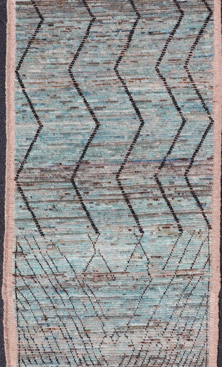 Modern Casual Runner in Wool with Sub - Geometric Modern Design in Teal & Charcoal. Keivan Woven Arts; rug SNK - 2408, country of origin / type: Afghanistan / Modern Casual, circa Early - 21th Century. Measures: 3'4 x 9'10 This modern casual tribal ru... - Keivan Woven ArtsSNK - 2408 - 24342Rug