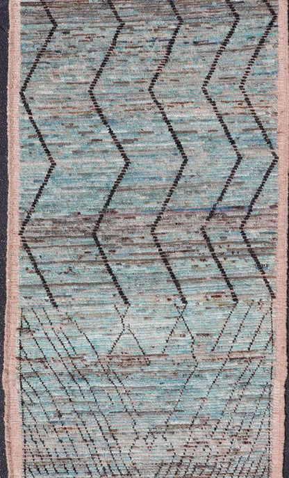 Modern Casual Runner in Wool with Sub - Geometric Modern Design in Teal & Charcoal. Keivan Woven Arts; rug SNK - 2408, country of origin / type: Afghanistan / Modern Casual, circa Early - 21th Century. Measures: 3'4 x 9'10 This modern casual tribal ru... - Keivan Woven ArtsSNK - 2408 - 24342Rug