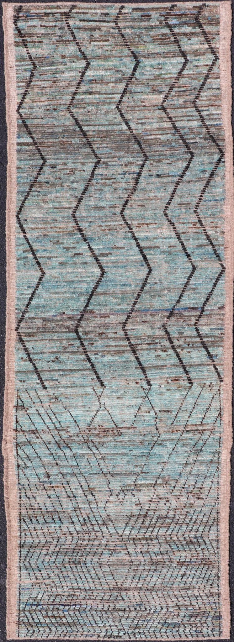 Modern Casual Runner in Wool with Sub - Geometric Modern Design in Teal & Charcoal. Keivan Woven Arts; rug SNK - 2408, country of origin / type: Afghanistan / Modern Casual, circa Early - 21th Century. Measures: 3'4 x 9'10 This modern casual tribal ru... - Keivan Woven ArtsSNK - 2408 - 24342Rug