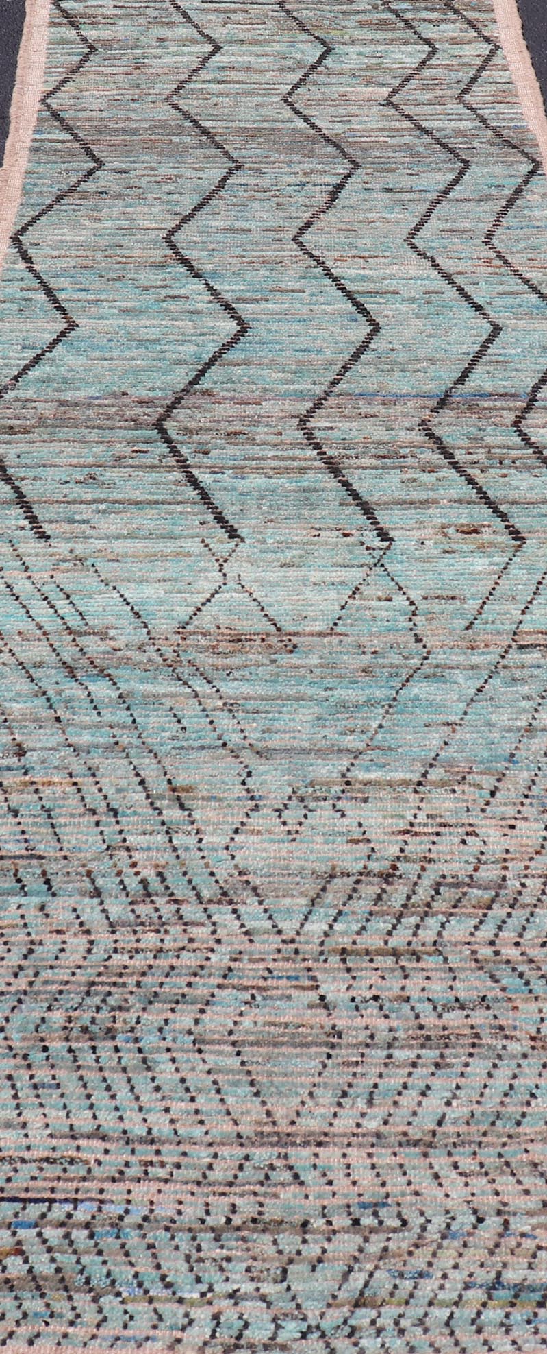 Modern Casual Runner in Wool with Sub - Geometric Modern Design in Teal & Charcoal. Keivan Woven Arts; rug SNK - 2408, country of origin / type: Afghanistan / Modern Casual, circa Early - 21th Century. Measures: 3'4 x 9'10 This modern casual tribal ru... - Keivan Woven ArtsSNK - 2408 - 24342Rug