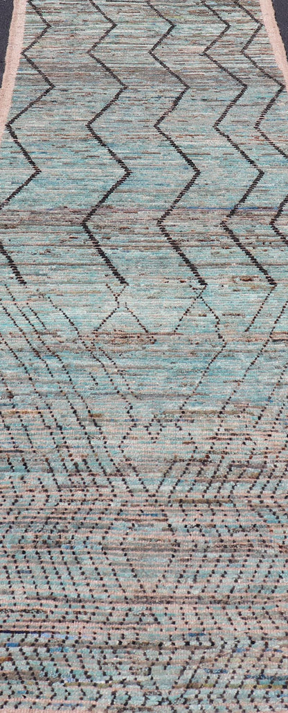 Modern Casual Runner in Wool with Sub - Geometric Modern Design in Teal & Charcoal. Keivan Woven Arts; rug SNK - 2408, country of origin / type: Afghanistan / Modern Casual, circa Early - 21th Century. Measures: 3'4 x 9'10 This modern casual tribal ru... - Keivan Woven ArtsSNK - 2408 - 24342Rug