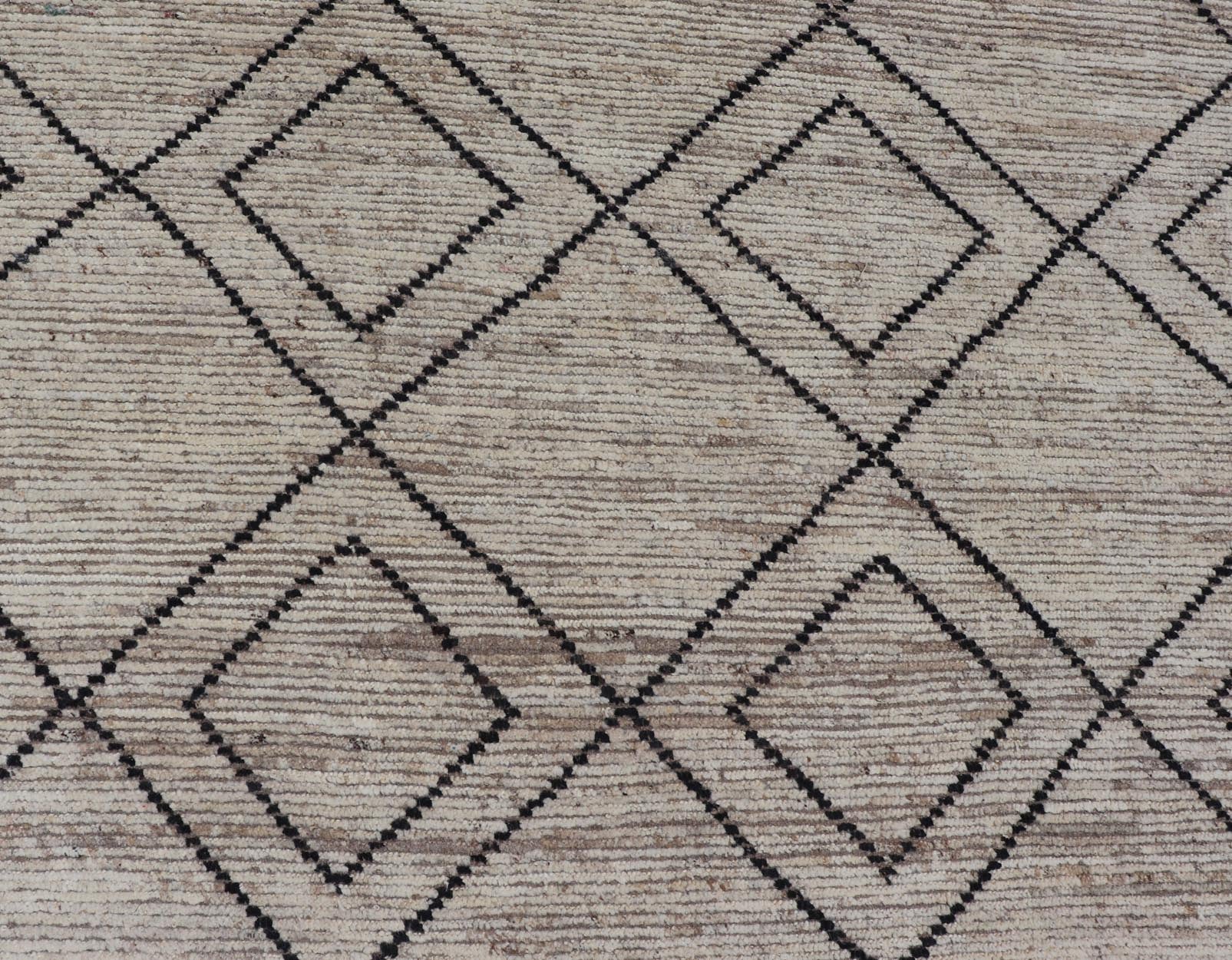 Large Modern Moroccan Rug With Tribal Diamond Design in Cream and Charcoal. Keivan Woven Arts / rug SNK - 2419, country of origin / type: Afghanistan / Modern Casual, circa Early - 21th Century. Measures: 13'6 x 15'10 This modern casual tribal rug h... - Keivan Woven ArtsSNK - 2419 - 24402Rugs