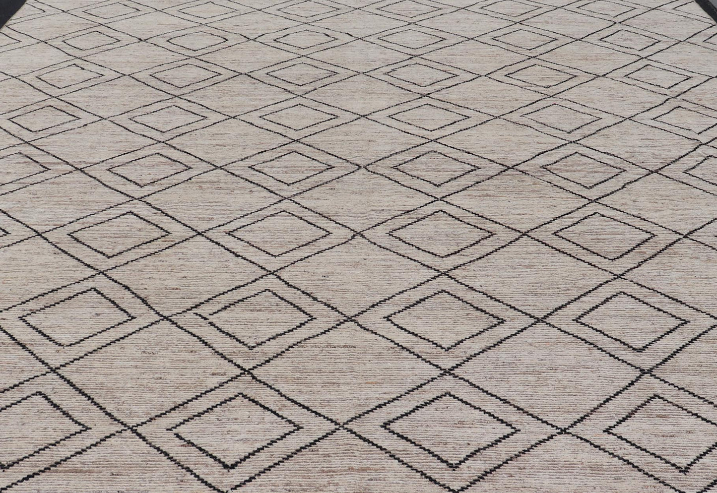 Large Modern Moroccan Rug With Tribal Diamond Design in Cream and Charcoal. Keivan Woven Arts / rug SNK - 2419, country of origin / type: Afghanistan / Modern Casual, circa Early - 21th Century. Measures: 13'6 x 15'10 This modern casual tribal rug h... - Keivan Woven ArtsSNK - 2419 - 24402Rugs