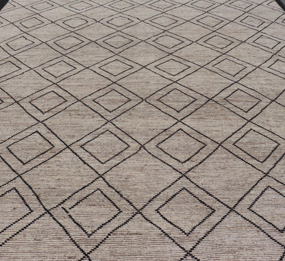 Large Modern Moroccan Rug With Tribal Diamond Design in Cream and Charcoal. Keivan Woven Arts / rug SNK - 2419, country of origin / type: Afghanistan / Modern Casual, circa Early - 21th Century. Measures: 13'6 x 15'10 This modern casual tribal rug h... - Keivan Woven ArtsSNK - 2419 - 24402Rugs