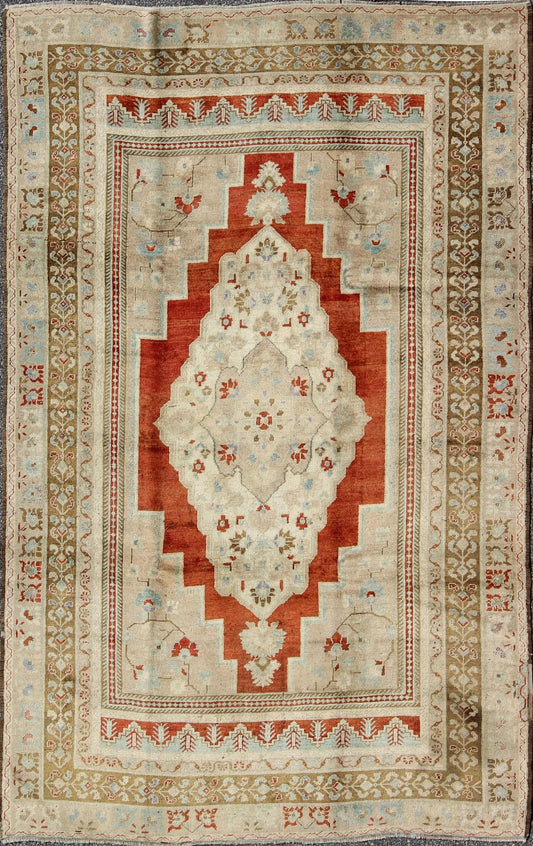 Central Medallion Vintage Turkish Oushak Rug in Ivory, Red, Green and Blue, rug st - 1182, country of origin / type: Turkey / Oushak, circa mid - 20th century This beautiful vintage rug from mid - 20th century Turkey features a Classic Oushak design, ... - Keivan Woven ArtsST - 1182 - 4014Rug