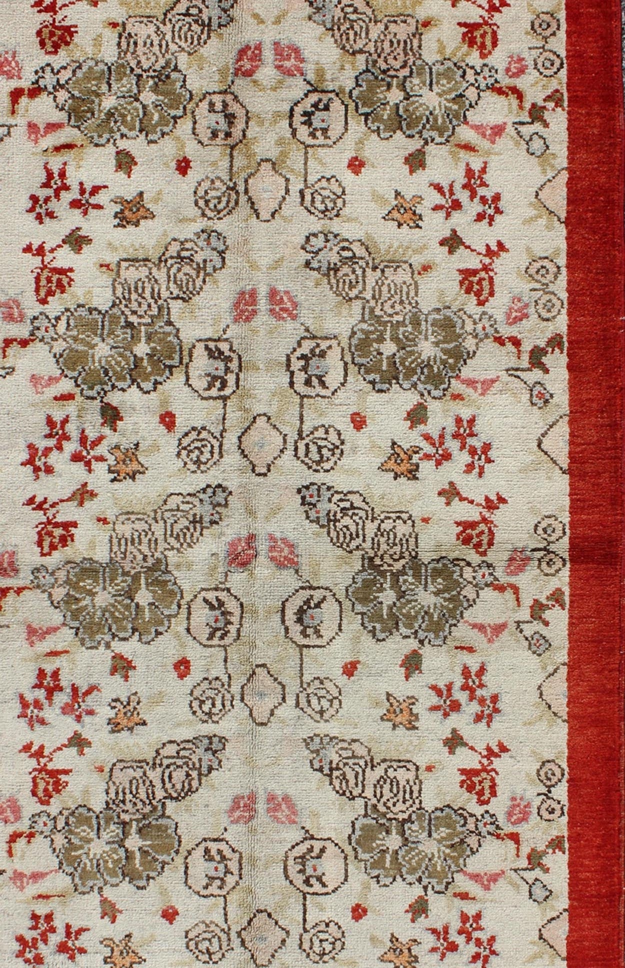 Vintage Turkish Oushak Rug with all over Floral Design in Ivory, Green and Red. Keivan Woven Arts / Rug / ST - 329 Mid - 20th Century Vintage Oushak. Measures: 3' x 6'2 This Oushak contains tones of red, taupe, beige and green, which are highlighted... - Keivan Woven ArtsST - 329 - 2319Rug