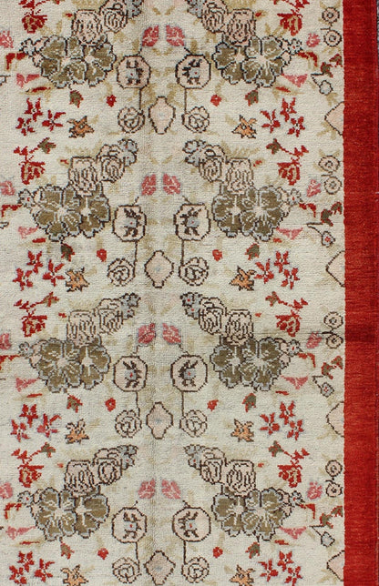 Vintage Turkish Oushak Rug with all over Floral Design in Ivory, Green and Red. Keivan Woven Arts / Rug / ST - 329 Mid - 20th Century Vintage Oushak. Measures: 3' x 6'2 This Oushak contains tones of red, taupe, beige and green, which are highlighted... - Keivan Woven ArtsST - 329 - 2319Rug
