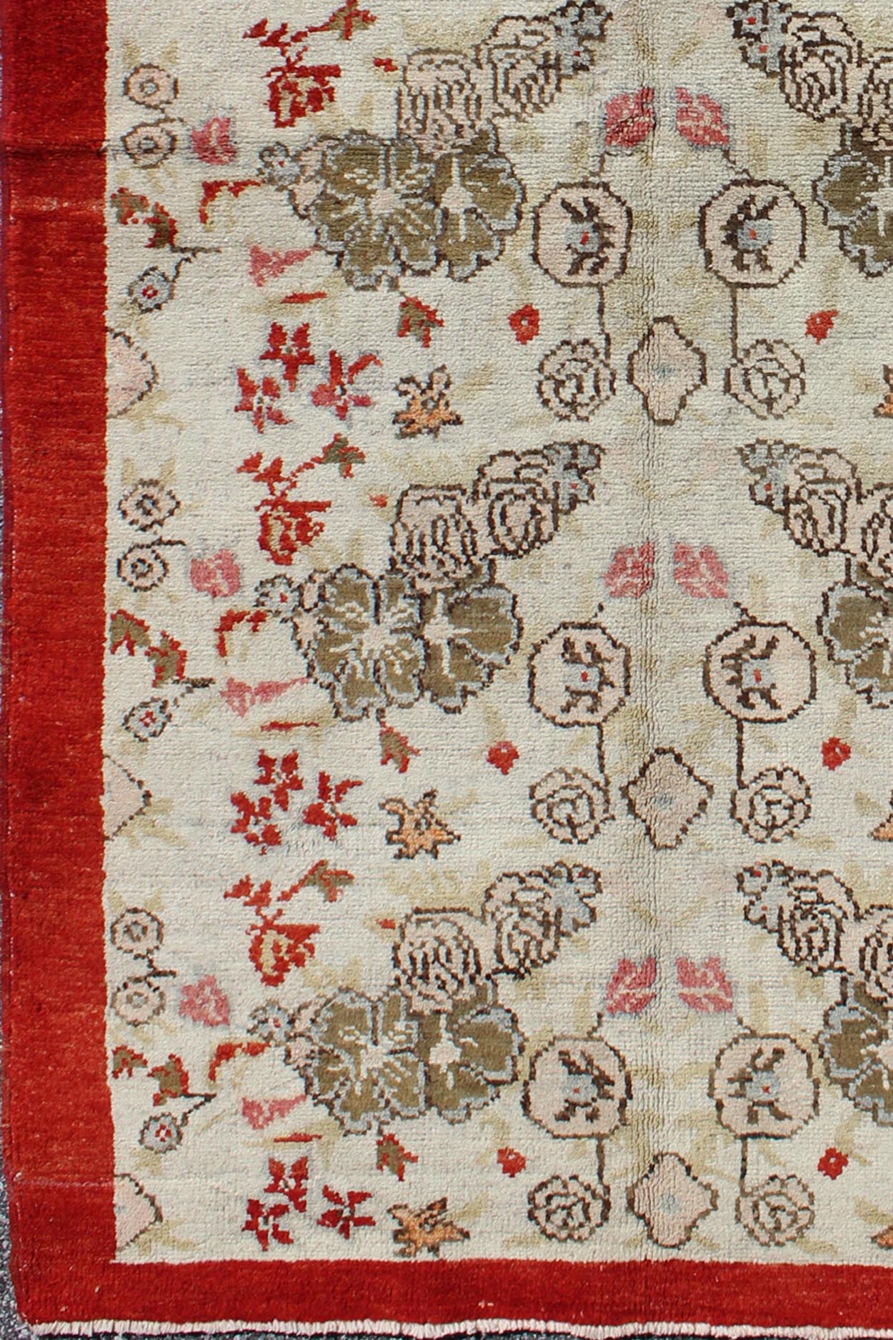 Vintage Turkish Oushak Rug with all over Floral Design in Ivory, Green and Red. Keivan Woven Arts / Rug / ST - 329 Mid - 20th Century Vintage Oushak. Measures: 3' x 6'2 This Oushak contains tones of red, taupe, beige and green, which are highlighted... - Keivan Woven ArtsST - 329 - 2319Rug