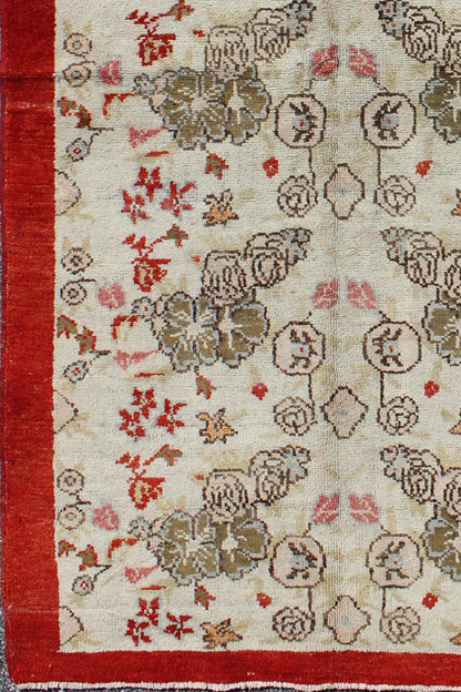 Vintage Turkish Oushak Rug with all over Floral Design in Ivory, Green and Red. Keivan Woven Arts / Rug / ST - 329 Mid - 20th Century Vintage Oushak. Measures: 3' x 6'2 This Oushak contains tones of red, taupe, beige and green, which are highlighted... - Keivan Woven ArtsST - 329 - 2319Rug