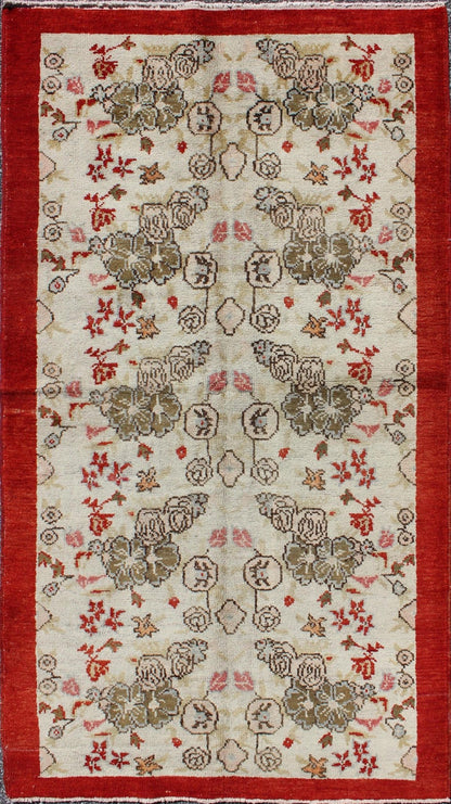 Vintage Turkish Oushak Rug with all over Floral Design in Ivory, Green and Red. Keivan Woven Arts / Rug / ST - 329 Mid - 20th Century Vintage Oushak. Measures: 3' x 6'2 This Oushak contains tones of red, taupe, beige and green, which are highlighted... - Keivan Woven ArtsST - 329 - 2319Rug