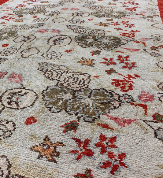 Vintage Turkish Oushak Rug with all over Floral Design in Ivory, Green and Red. Keivan Woven Arts / Rug / ST - 329 Mid - 20th Century Vintage Oushak. Measures: 3' x 6'2 This Oushak contains tones of red, taupe, beige and green, which are highlighted... - Keivan Woven ArtsST - 329 - 2319Rug