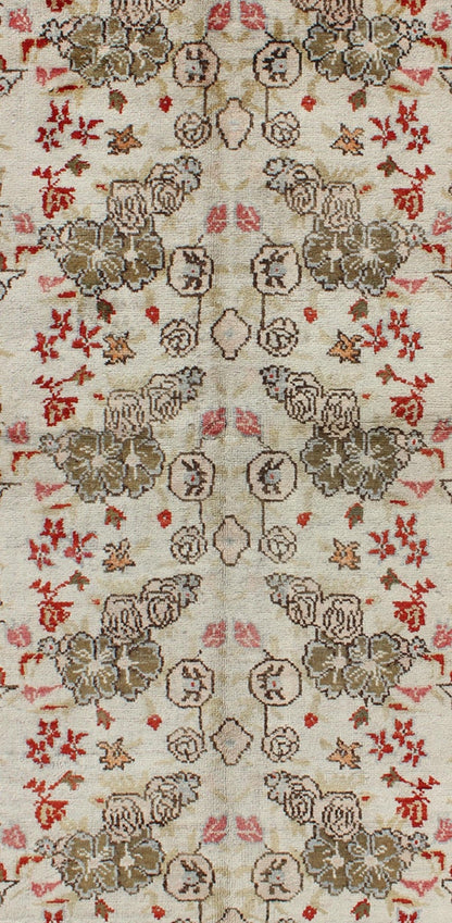 Vintage Turkish Oushak Rug with all over Floral Design in Ivory, Green and Red. Keivan Woven Arts / Rug / ST - 329 Mid - 20th Century Vintage Oushak. Measures: 3' x 6'2 This Oushak contains tones of red, taupe, beige and green, which are highlighted... - Keivan Woven ArtsST - 329 - 2319Rug