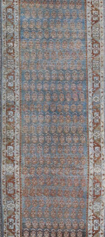 Long Persian Malayer Runner with Paisley and Botanical Motifs in Blue and Green This magnificent antique long Persian Malayer runner, of an impressive size, bears a beautiful, all - over sub - geometric design paired with a delightful palette of var... - Keivan Woven ArtsSUS - 111 - 8407Rug