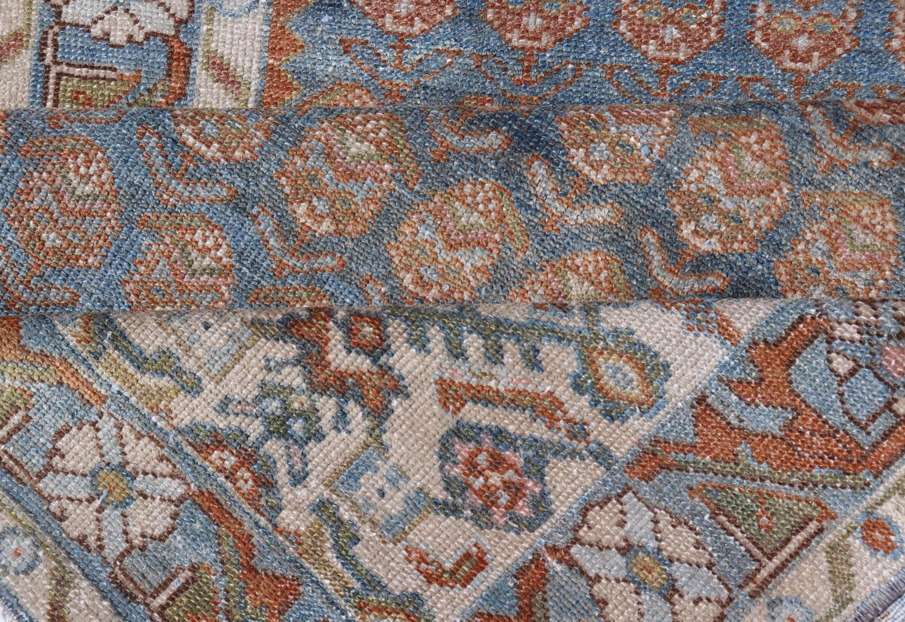 Long Persian Malayer Runner with Paisley and Botanical Motifs in Blue and Green This magnificent antique long Persian Malayer runner, of an impressive size, bears a beautiful, all - over sub - geometric design paired with a delightful palette of var... - Keivan Woven ArtsSUS - 111 - 8407Rug